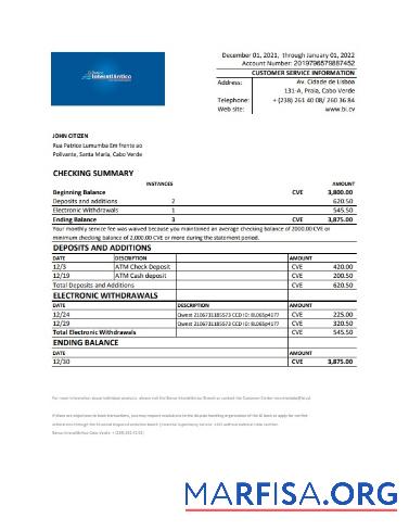 Realistic Cabo Verde Banco Inter Atlântico bank statement sample